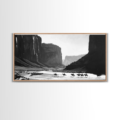 Framed Canvas Print of Cowboys Riding through Canyon, Western Wall Art for Living Room or Bedroom, Unique Home Decor
