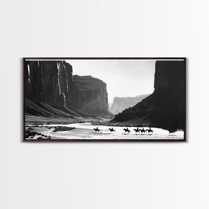 Framed Canvas Print of Cowboys Riding through Canyon, Western Wall Art for Living Room or Bedroom, Unique Home Decor