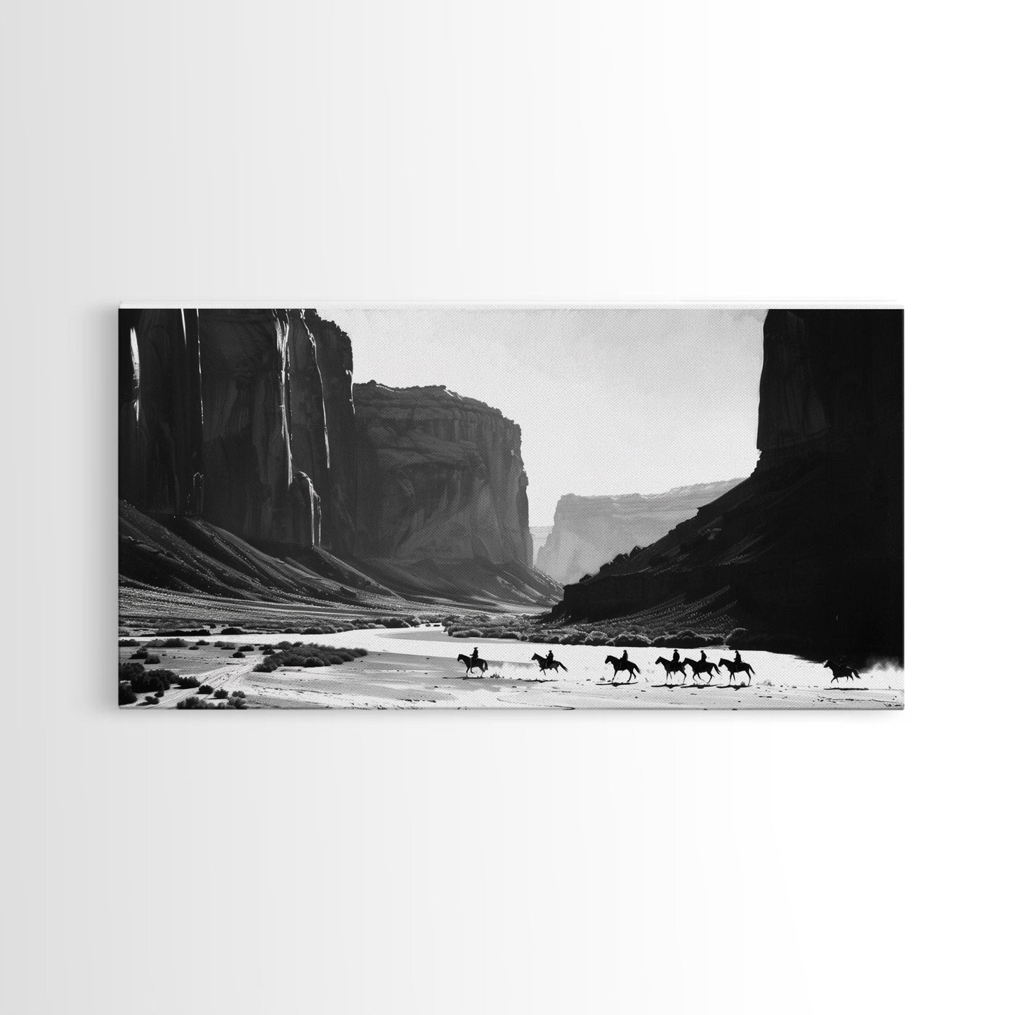 Framed Canvas Print of Cowboys Riding through Canyon, Western Wall Art for Living Room or Bedroom, Unique Home Decor