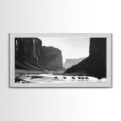 Framed Canvas Print of Cowboys Riding through Canyon, Western Wall Art for Living Room or Bedroom, Unique Home Decor