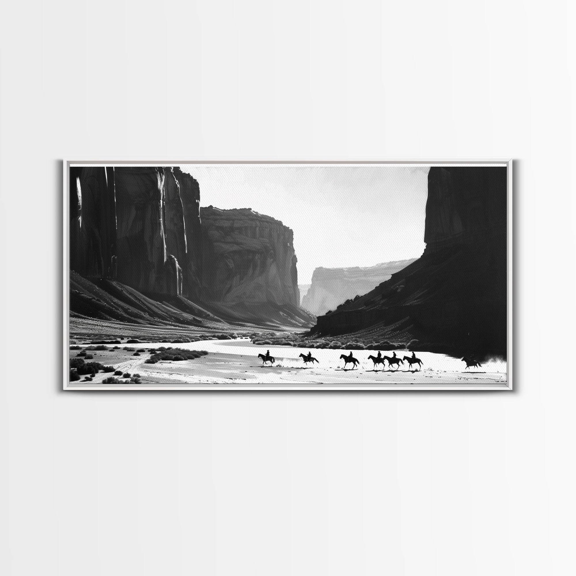 Framed Canvas Print of Cowboys Riding through Canyon, Western Wall Art for Living Room or Bedroom, Unique Home Decor