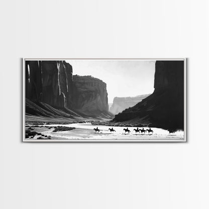 Framed Canvas Print of Cowboys Riding through Canyon, Western Wall Art for Living Room or Bedroom, Unique Home Decor