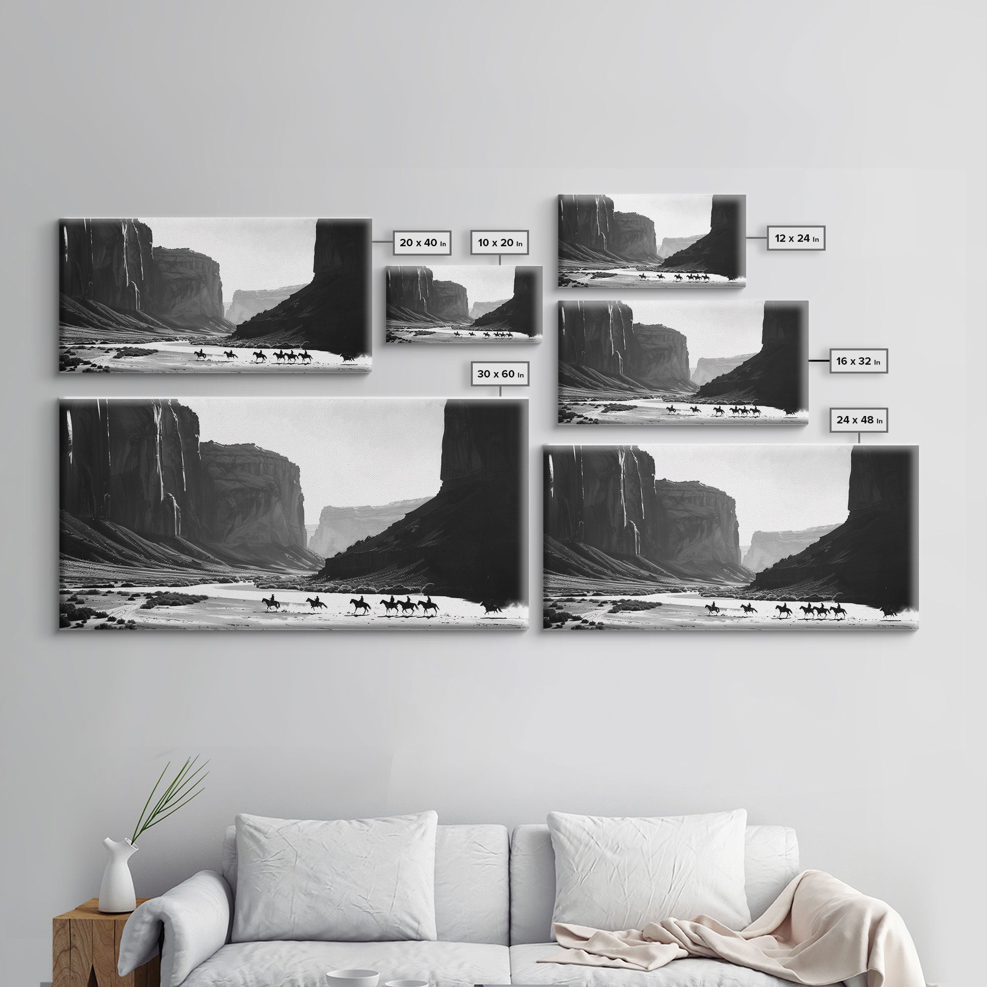 Framed Canvas Print of Cowboys Riding through Canyon, Western Wall Art for Living Room or Bedroom, Unique Home Decor