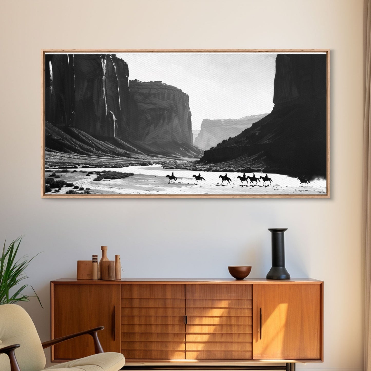Framed Canvas Print of Cowboys Riding through Canyon, Western Wall Art for Living Room or Bedroom, Unique Home Decor