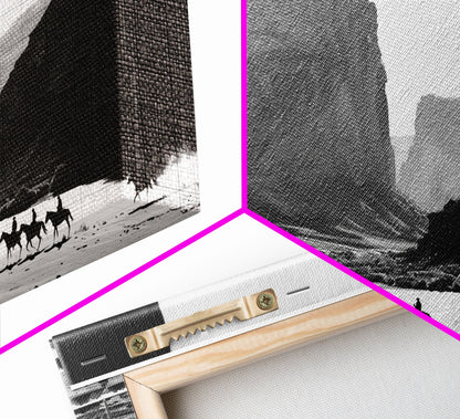 Framed Canvas Print of Cowboys Riding through Canyon, Western Wall Art for Living Room or Bedroom, Unique Home Decor