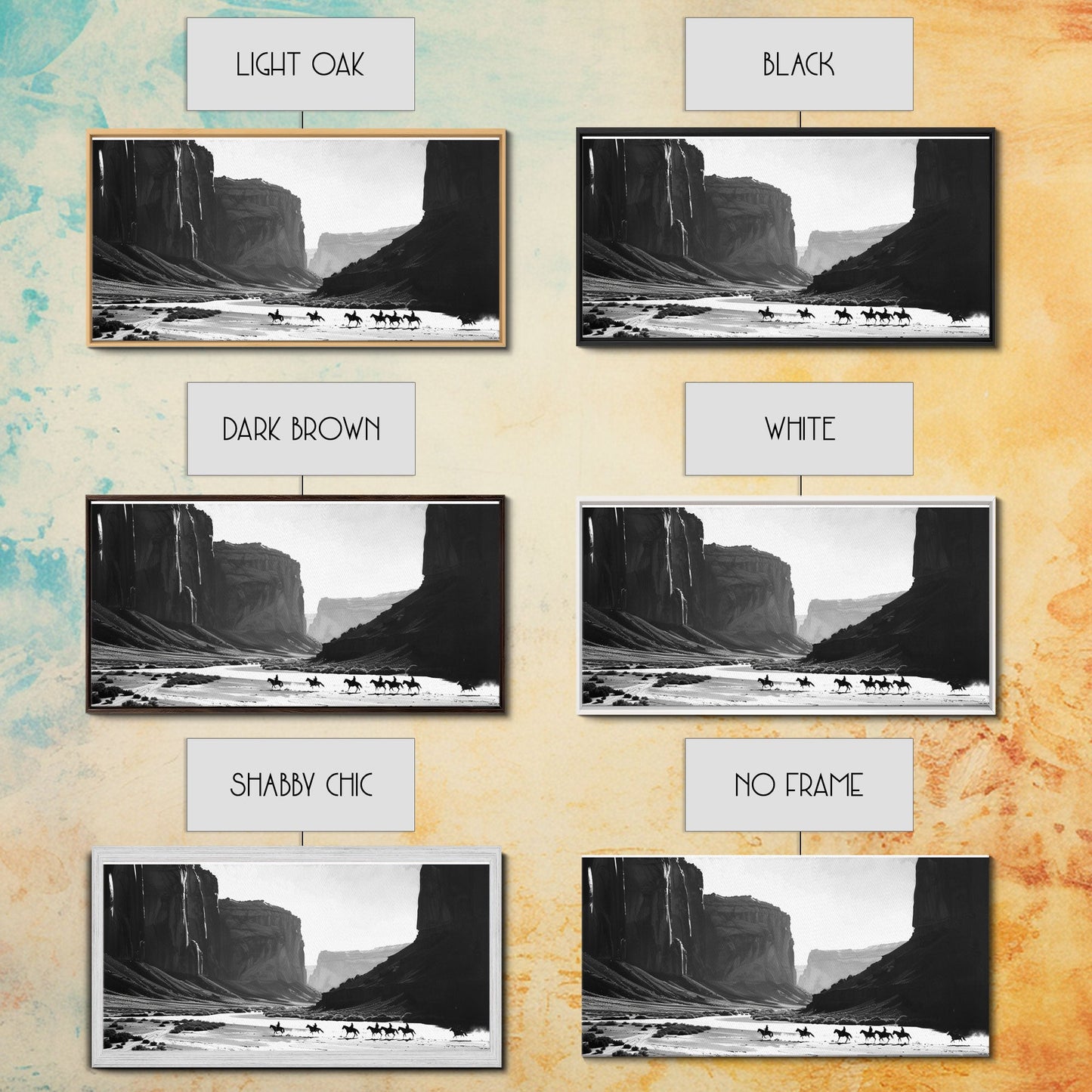 Framed Canvas Print of Cowboys Riding through Canyon, Western Wall Art for Living Room or Bedroom, Unique Home Decor