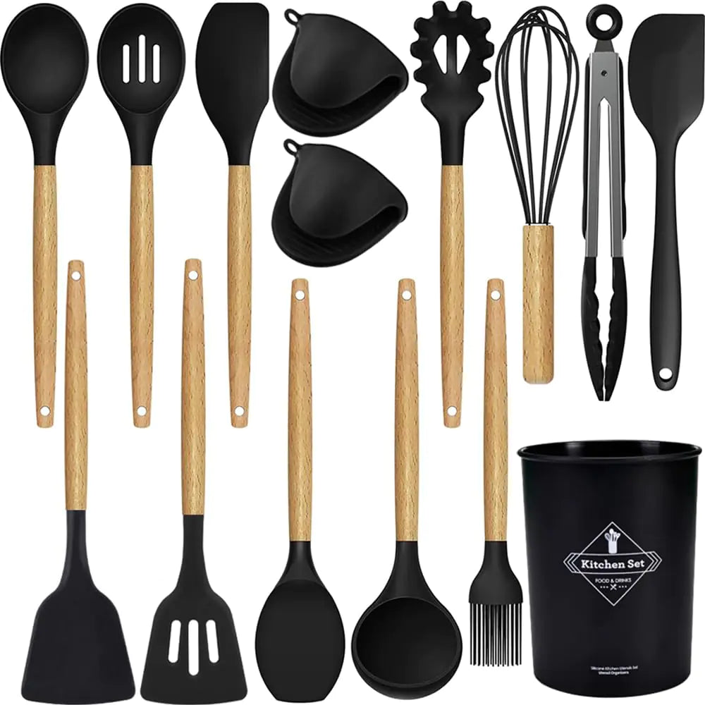 15 silicone kitchen tool sets kitchen utensils set heat resistant silicone (black 15 sets)